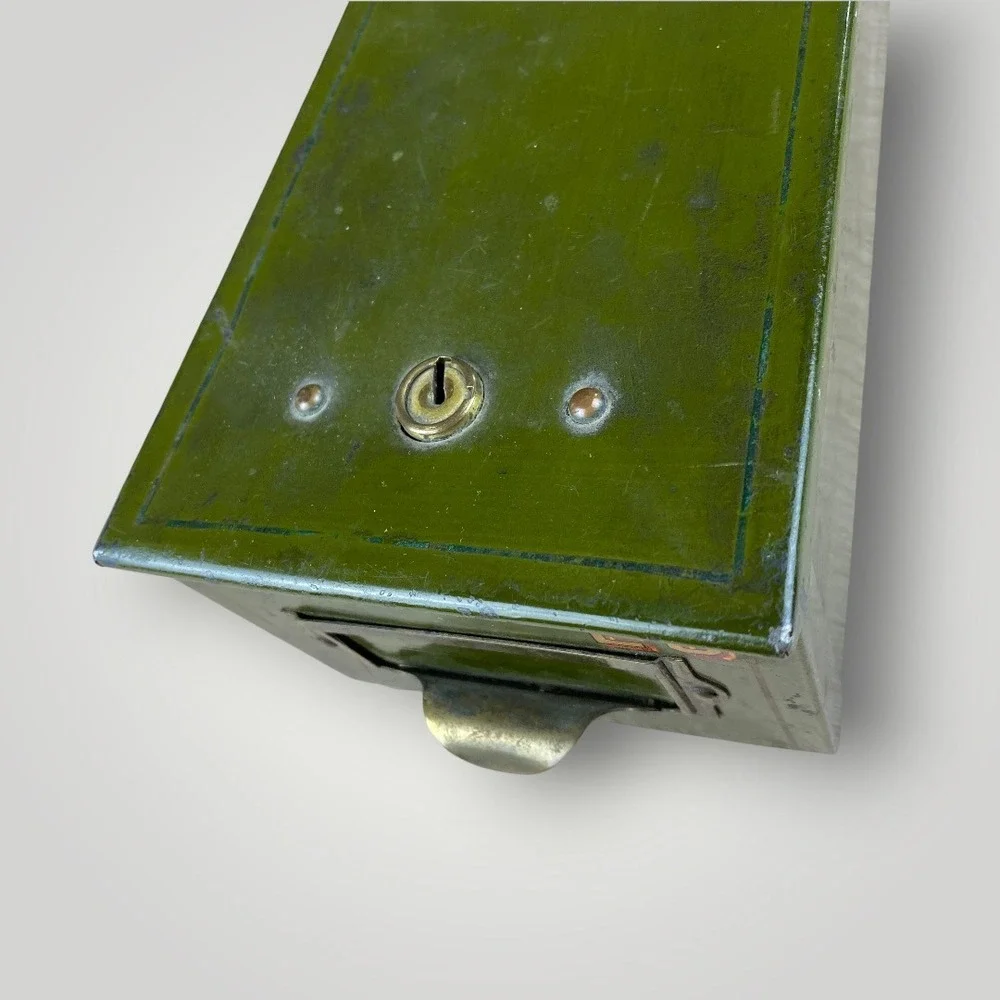 Safety Deposit Box Army Green Baked Enamel Metal 1940s Louis F Dow Co
